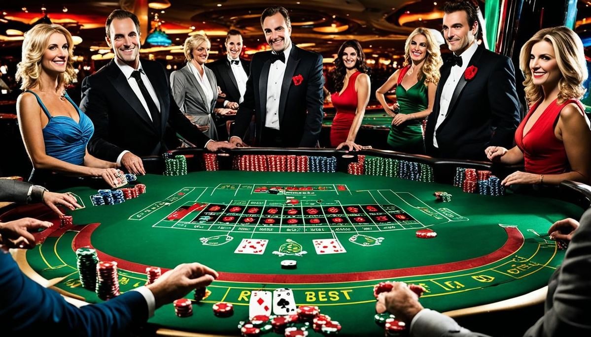 Meja live casino dengan dealer profesional sedang melayani para pemain dalam suasana elegan